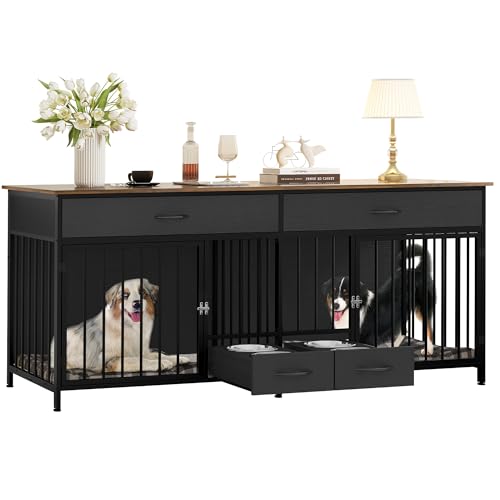 DWVO Double Dog Crate TV Stand with Dog Feeder, 74.8" Wooden Large Dog Kennel with Storage, Double Dog Crate Furniture for 2 Small Medium Dogs, Brown