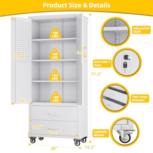 Aobabo 71" H×32" W×16" D Metal Storage Cabinet with Wheels, Garage Steel Storage Cabinet with 5 Adjustable Shelves and 4 Hooks for Home Office