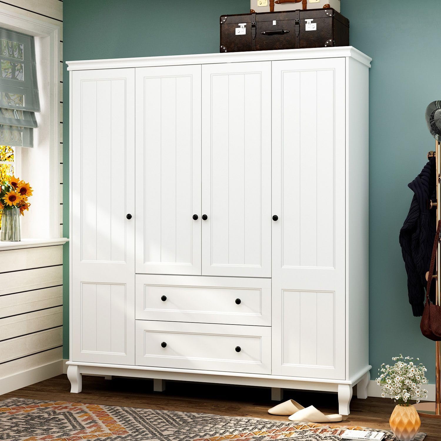 MOUMON Large 4-Door Wardrobe Closet with Doors and Shelves, Armoire Wardrobe Closet with Hanging Rod, Clothes Wardrobe with 2 Drawers