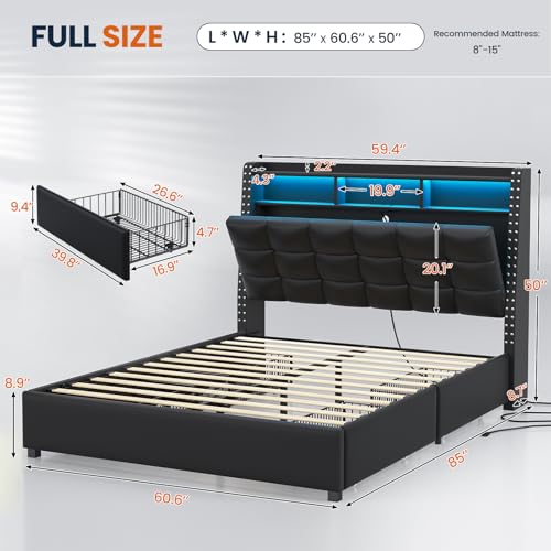SEDETA Full Size Bed Frame with Headboard & 4 Drawers, LED Bed Frame with Charging Station, Upholstered Bed with Storage Headboard