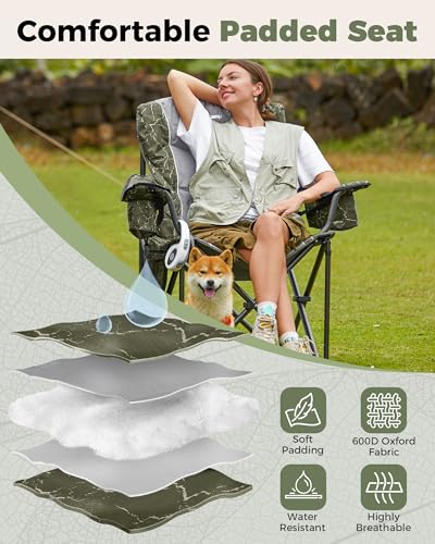 KingCamp Oversized Camping Folding Chair, Heavy Duty 450 LBS with Lumbar Support, Padded Outdoor Chair with Cup Holder