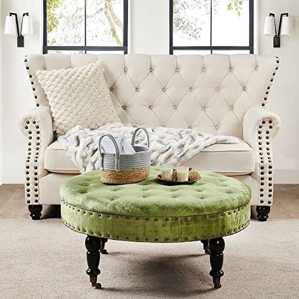 Green Tufted Round Ottoman Coffee Table 34"x 34"x 17"