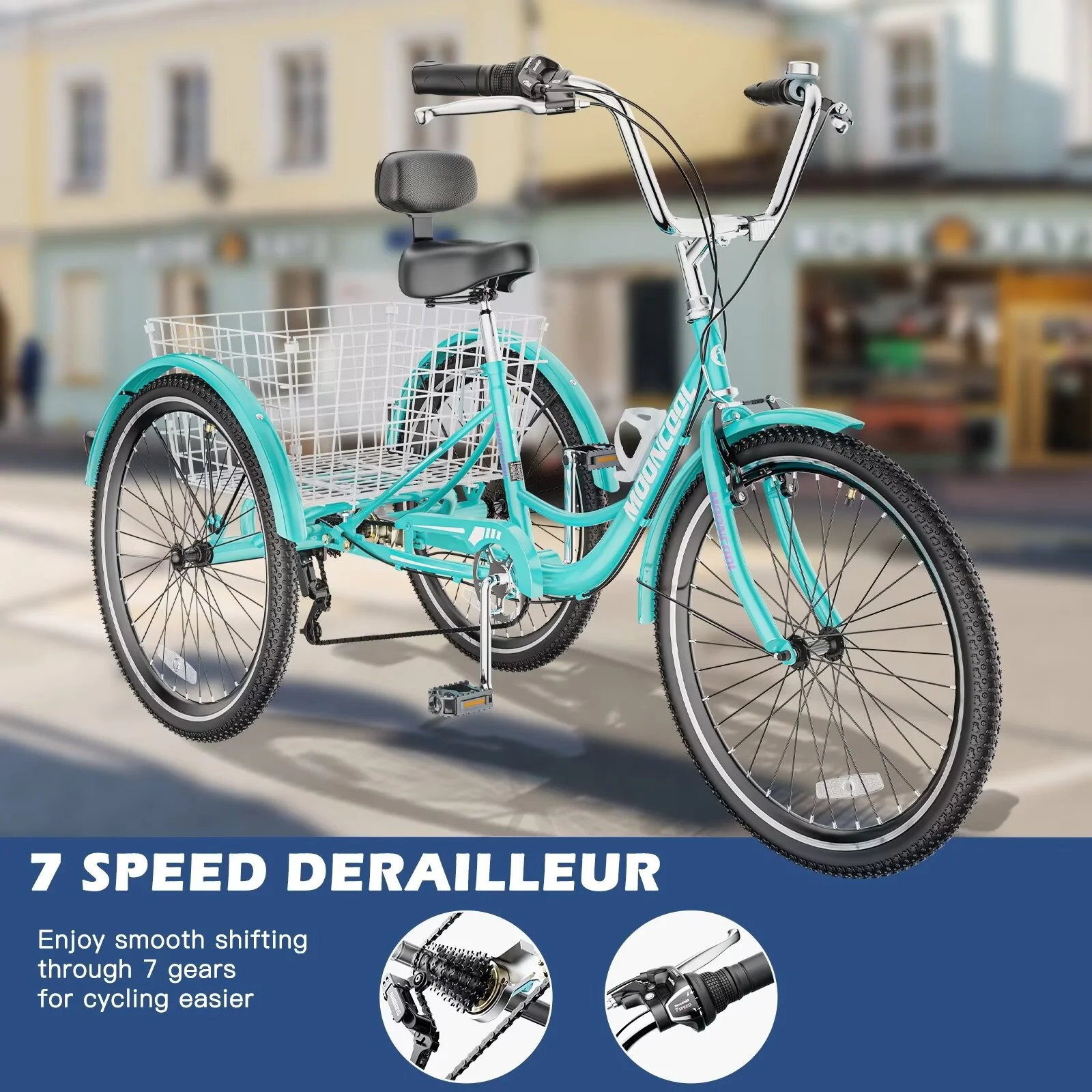 MOPHOTO 20''/24''/26'' Tricycle for Adults, 7 Speed 3-Wheel Bike, Comfort Cruiser Trike, Cyan Tricycle with Big Basket - Curated Treasures Market