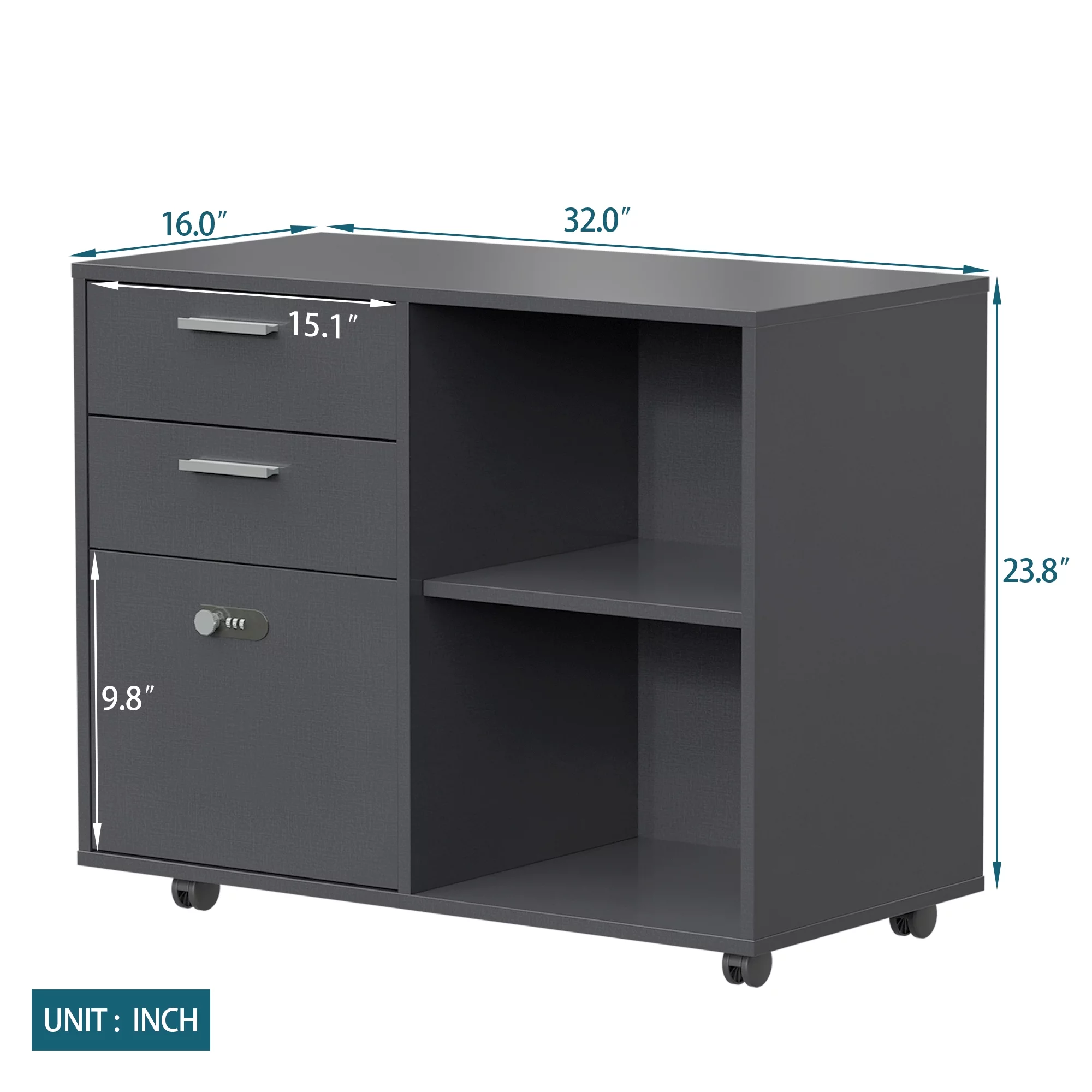Drawer Wood File Cabinet with coded Lock, Mobile Lateral Filing Cabinet, Printer Stand with Open Storage Shelves for Home Office