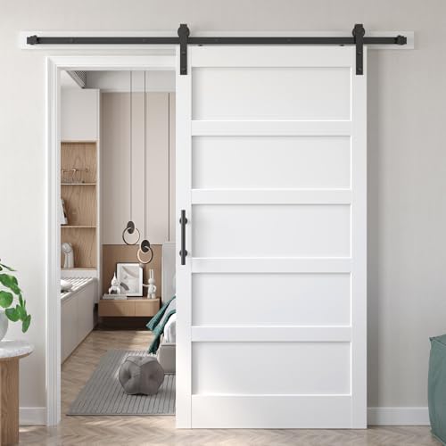 Fredbeck Double 21inx84in White Barn Door and 7FT Sliding Barn Door Hardware Kit Included,Solid,MDF, PVC Surface,DIY Assembly,5-Panel