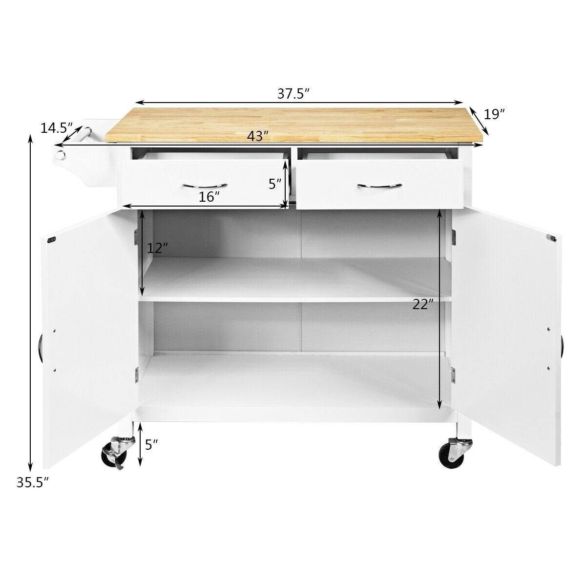 Modern Rolling Kitchen Cart Island with Wooden Top - White