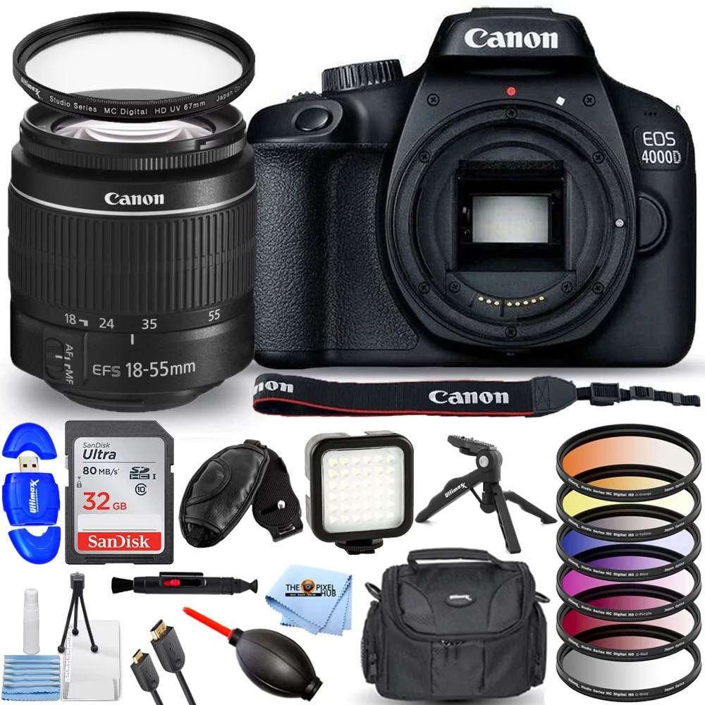 Canon EOS 4000D / Rebel T100 with EF-S 18-55mm III Lens - Pro Bundle Includes: Sandisk Ultra 32GB SD, LED Light Kit, 6PC Filter Kit, Tripod