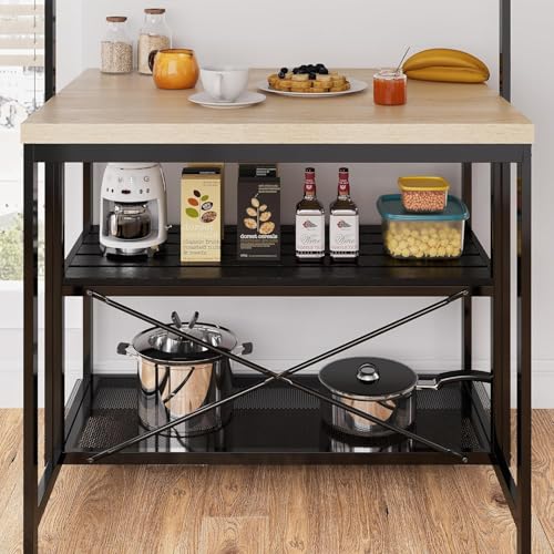 Kitchen Island with Storage, Bakers Rack with Power Outlet, Island Table for Kitchen,3 Tier Microwave Stand Oven Shelf,Large Coffee Bar Table
