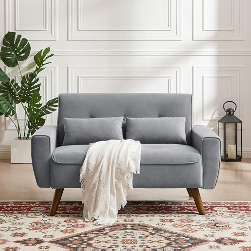 48.8" Small Loveseat Sofa, Mid Century Modern Love Seat Couch with Back Cushions and Wood Legs, 2 Seater Couches for Living Room, Bedroom