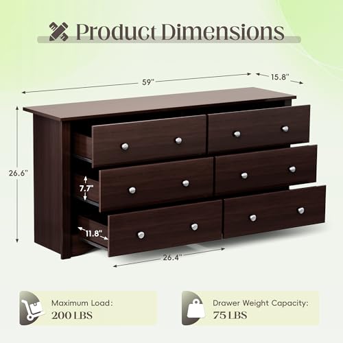 JUMMICO Dresser for Bedroom, 6 Wood Dresser Drawers, Wide Chest of Drawers, Storage Tower Unit, Modern Design for Bedroom, Living Room, Hallway