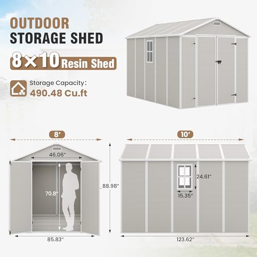 Outdoor Storage Shed, 6x6 FT Resin Shed with Floor and Lockable Door, Window, Vents, Tool Sheds and Outdoor Storage for Bike, Garden Accessories