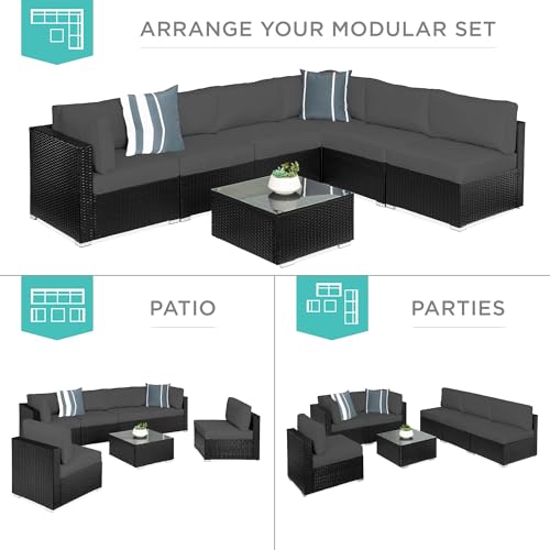 Best Choice Products 7-Piece Modular Outdoor Sectional Wicker Patio Conversation Set w/ 2 Pillows, Coffee Table, Cover Included - Gray/Navy