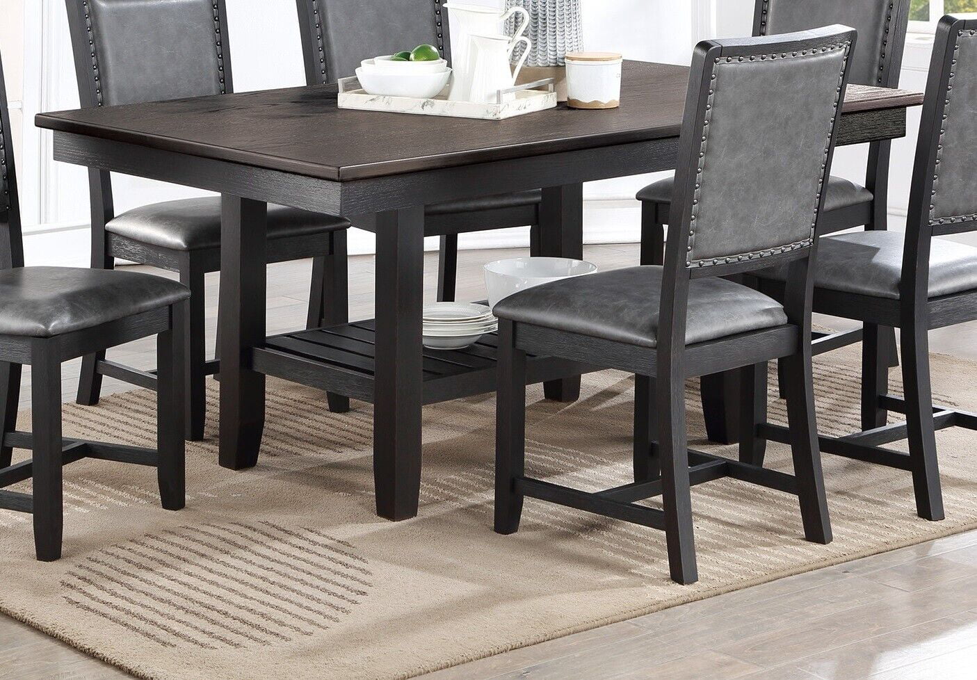 Beautiful Dark Coffee Dining Room Furniture 7pc Set Contemporary Dining Table w Shelve 6 Chairs PU Cushion Seat Back Side Chairs