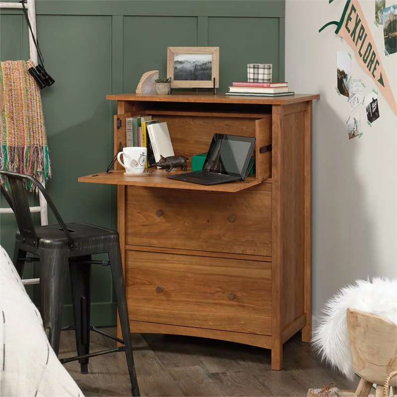 Pemberly Row Engineered Wood Secretary Desk/Chest in Prairie Cherry