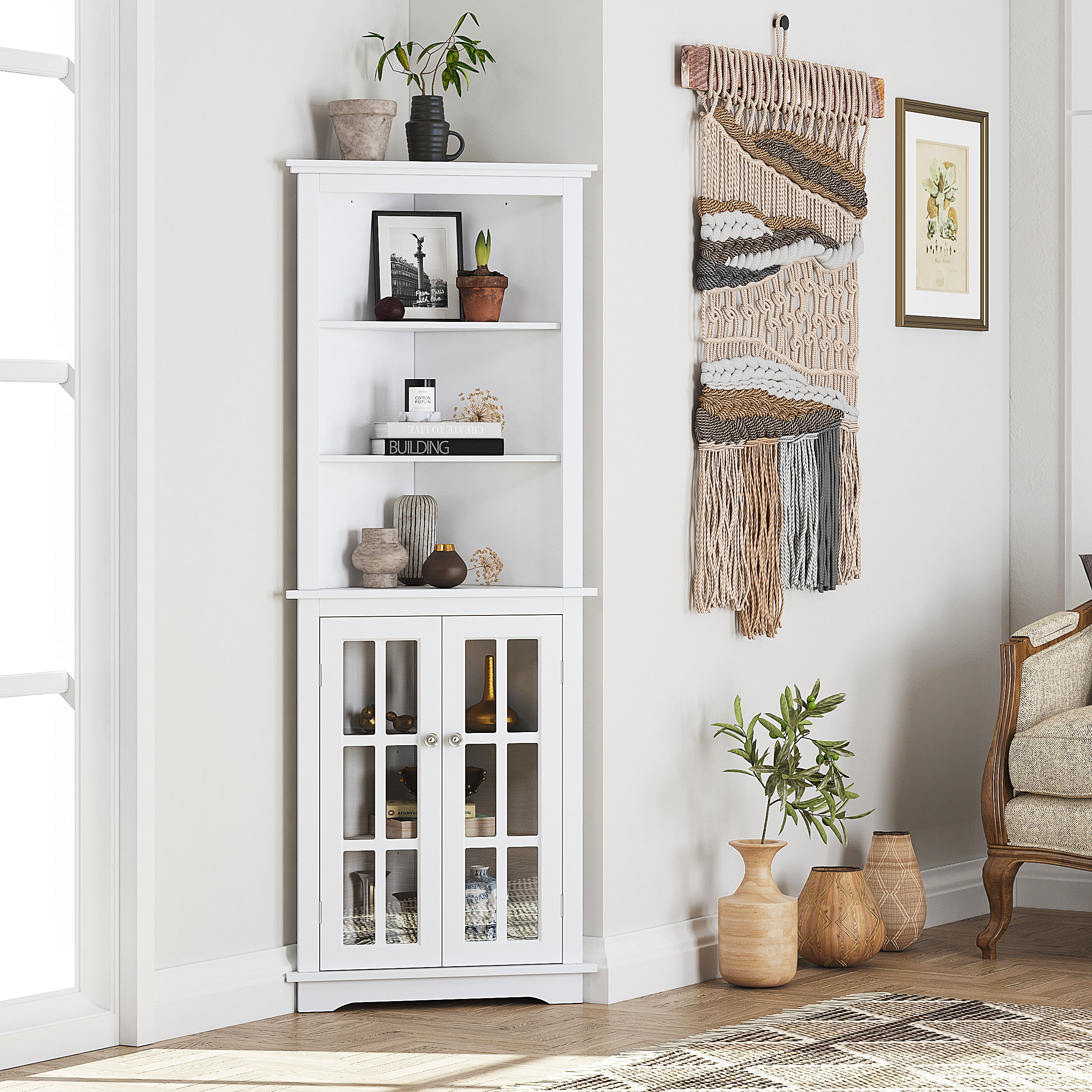 Spirich Home Bathroom Tall Corner Storage Cabinet, Floor Slim Display Storage Cabinet with Glass Doors and Adjustable Shelves for Bathroom, Kitchen