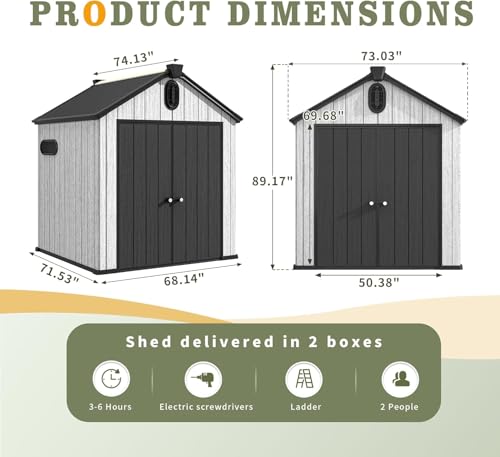 UDPATIO 6x6 FT Outdoor Storage Shed, Resin Plastic Shed with Floor Air Vents Side Windows Skylights Lockable Doors, Backyard Patio Garden, Grey