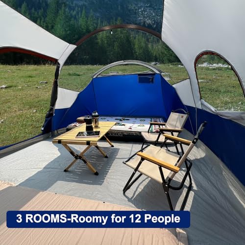 CAMPROS CP Tent 12-Person-Camping-Tents,3 Room Family Tents,Waterproof Windproof Family Tent with Top Rainfly,6 Large Mesh Windows,Double Layer