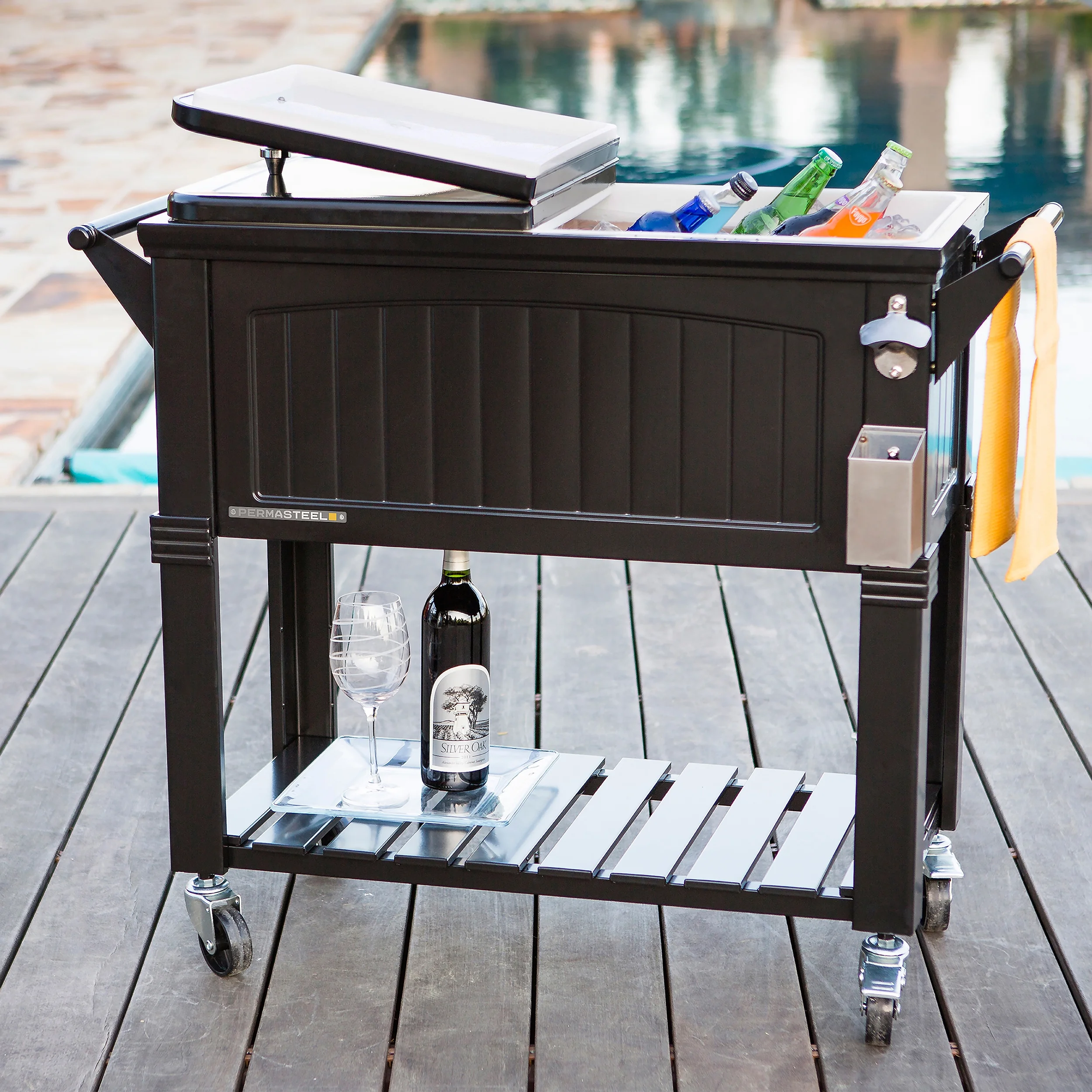 Permasteel 80-Qt Antique Outdoor Steel Patio Cooler on Wheels, Rolling Cooler Cart, Wooden Teak Style, Black