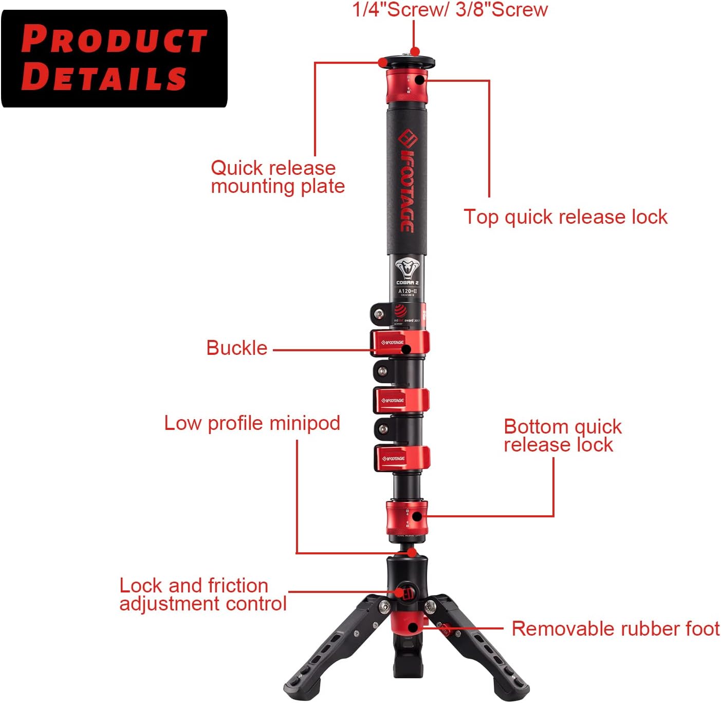 IFOOTAGE Cobra 2 3-in-1 Camera Monopod, Telescopic Video Monopod,71 Professional Photography Tripod Monopod