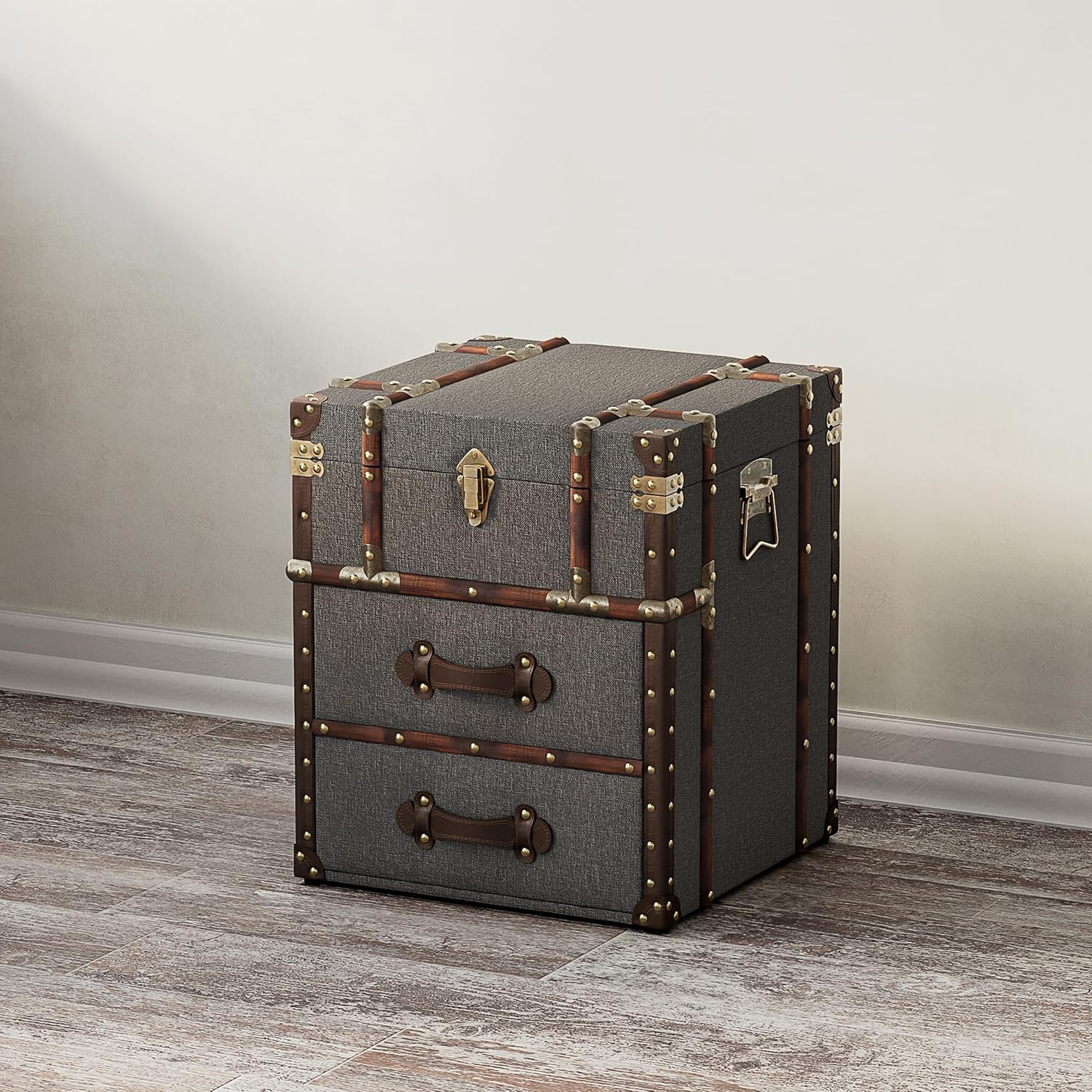 Vintage Storage Chest with Buckle Hinged Top, Linen Accent End Side Table for Living Room, Office, Bedroom, Rectangle, Grey