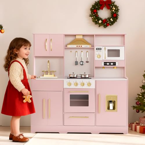 Kinder King Wooden Kids Play Kitchen, Toy Kitchen Playset for Toddler, Play Kitchen Set w/Real Sounds, Pretend Coffee Machine, Kitchen Hood, Sink