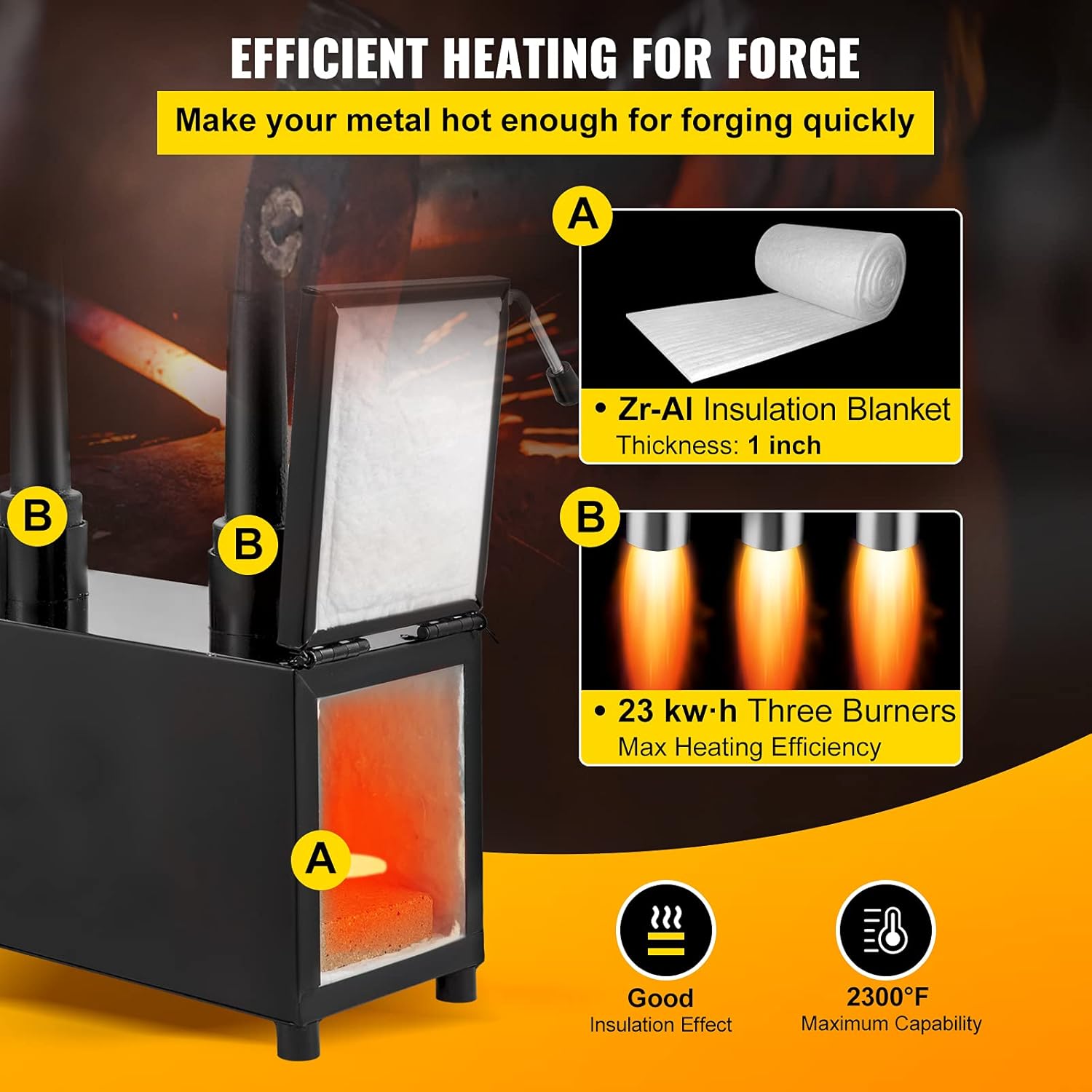 VEVOR Propane Knife Forge, Blacksmithing Forge with Three Burners, Portable Propane Forge with Single Durable Door, Large Capacity Farrier Forge