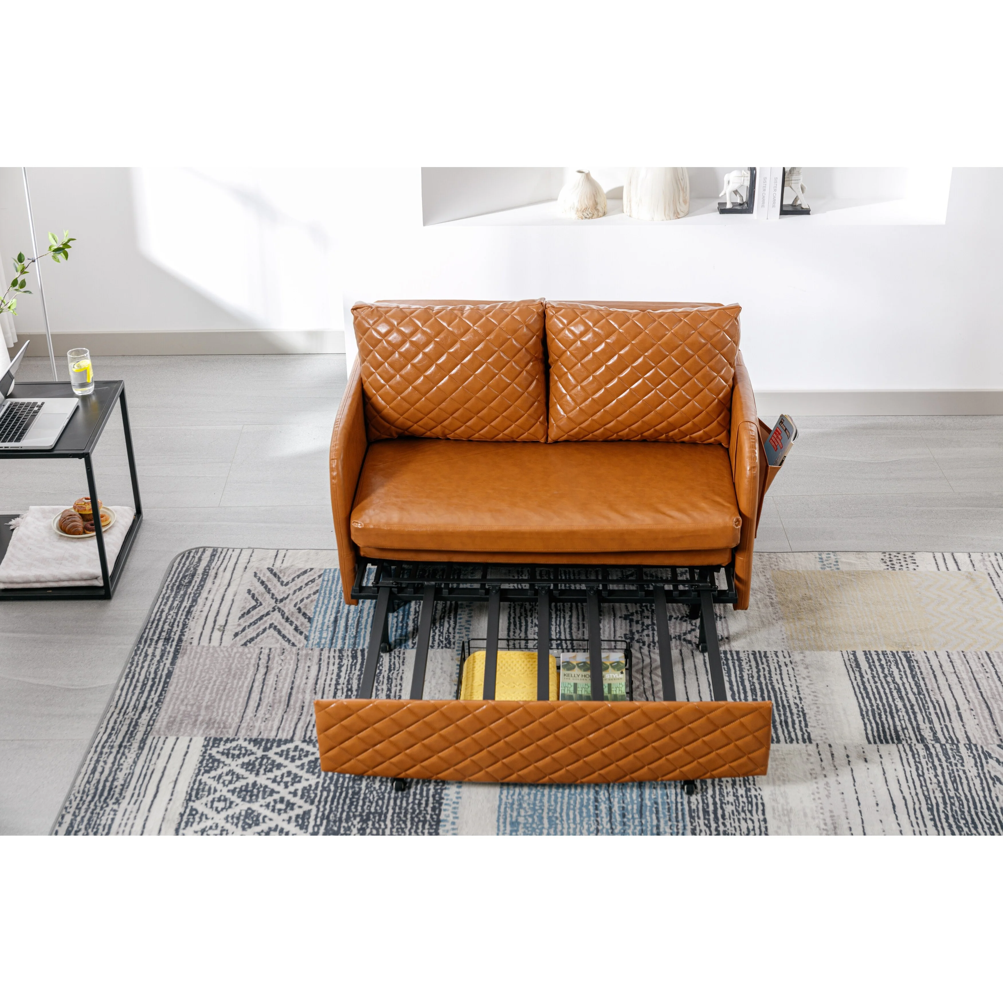 47.64" Modern Convertible Sleeper Loveseat Sofa Bed with Headboard, Pull-Out Function, 2 Pillows, and Side Pockets