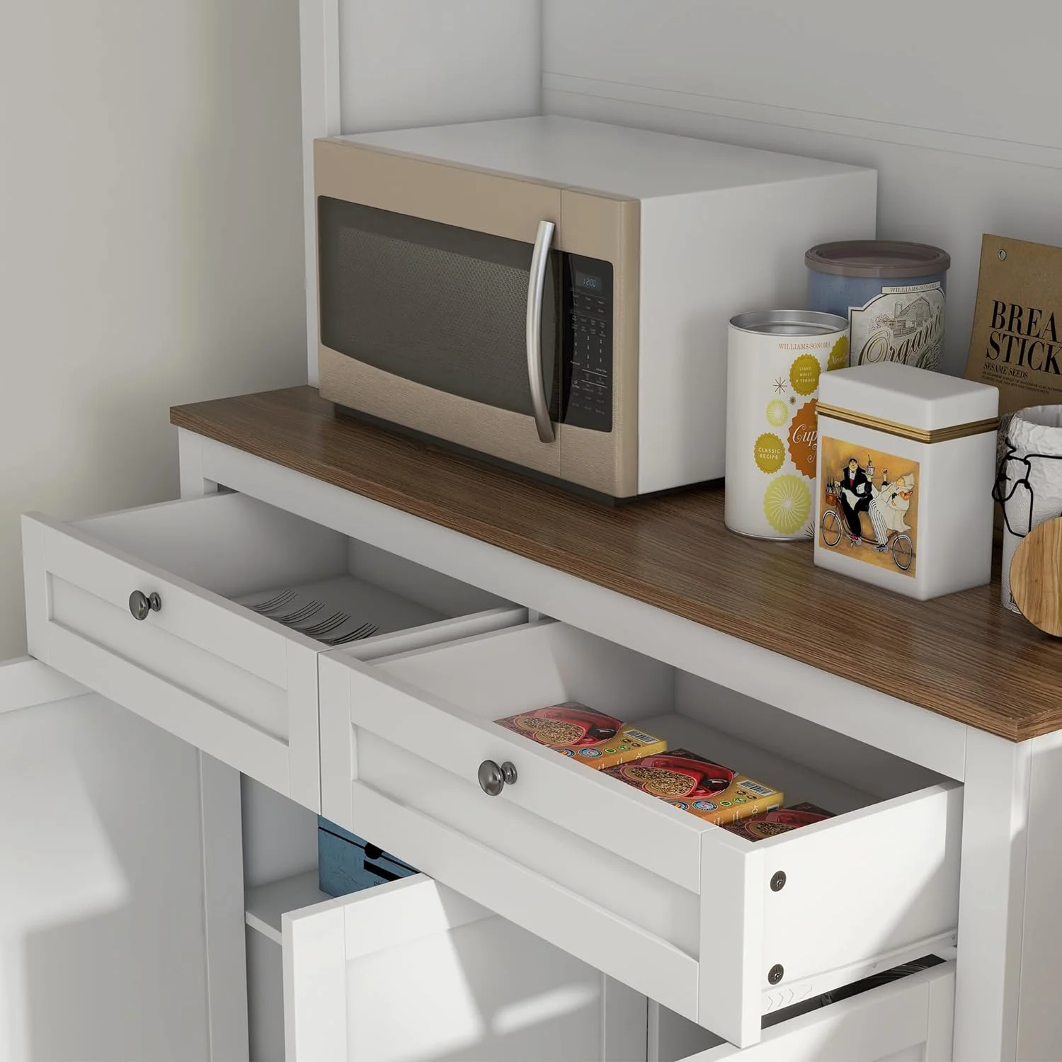 71" Tall Kitchen Pantry Storage Cabinet with Microwave Stand, Freestanding Buffet with Hutch, 2 Drawers, 5 Doors