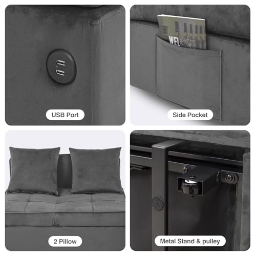 Sofa Bed 4-in-1 Convertible Pull Out Couch, Velvet Love seat Couch Sleeper Chair Bed with 2 Throw Pillow