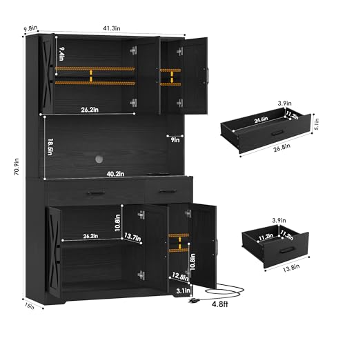 HOSTACK 71" Pantry Cabinet with Charging Station, Tall Kitchen Pantry Storage Cabinet with Microwave Stand