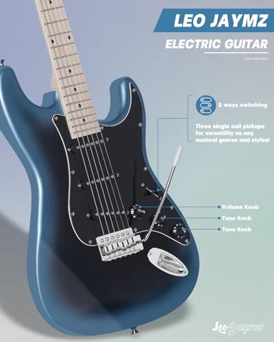 Leo Jaymz 39" Full Size ST Style Electric Guitar Starter Kit with SSH Pickup, 5W Portable Amp, Tuner, Gig Bag, Strap & Accessories (Violet Ocean)