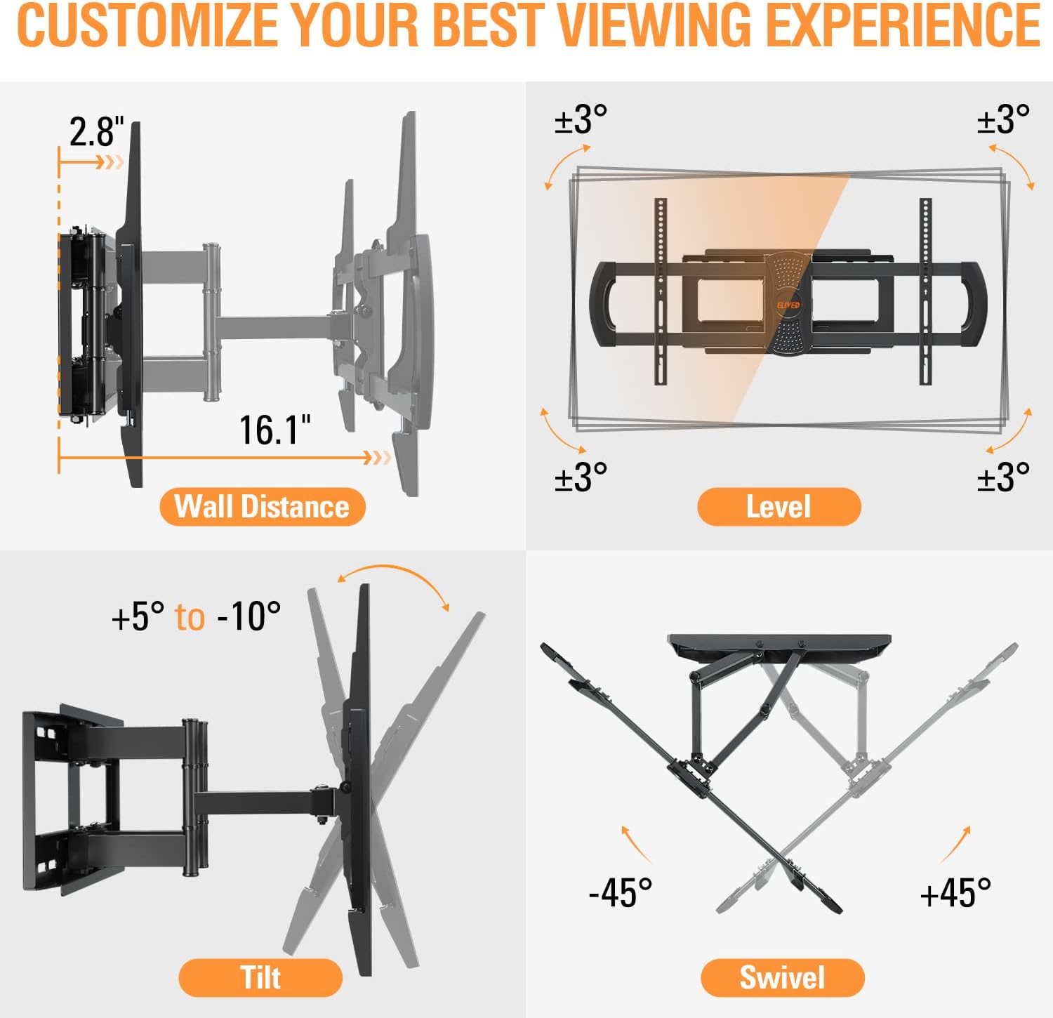 ELIVED Full Motion TV Wall Mount Swivel and Tilt for Most 42-70 Inch (Some up to 75") Flat Screen TVs, TV Mount Bracket with Articulating Arms
