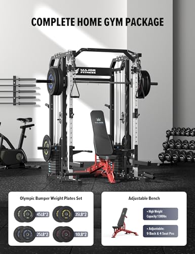 Major Fitness Smith△ Machine Drone2 Premium, All-in-One Home Gym Squat Rack with Aluminum Pulley Set , Weight Bar