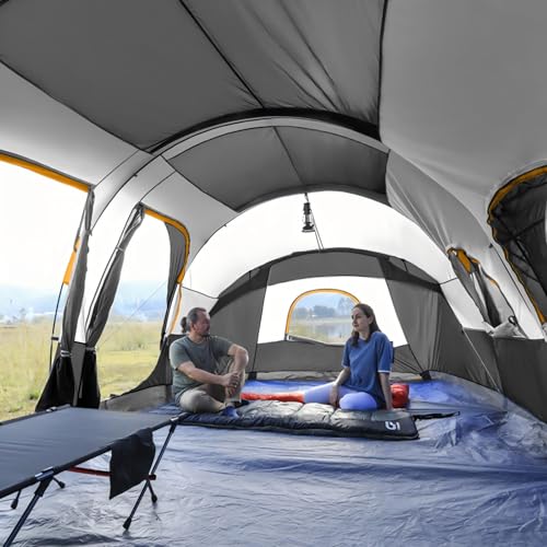 CAMPROS CP Tent 12-Person-Camping-Tents,3 Room Family Tents,Waterproof Windproof Family Tent with Top Rainfly,6 Large Mesh Windows,Double Layer