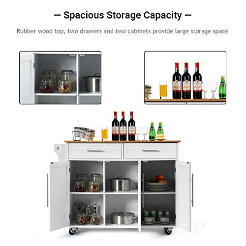 Giantex Kitchen Island Cart Rolling Storage Trolley Cart with Lockable Castors, 2 Drawers, 3 Door Cabinet, Towel Handle