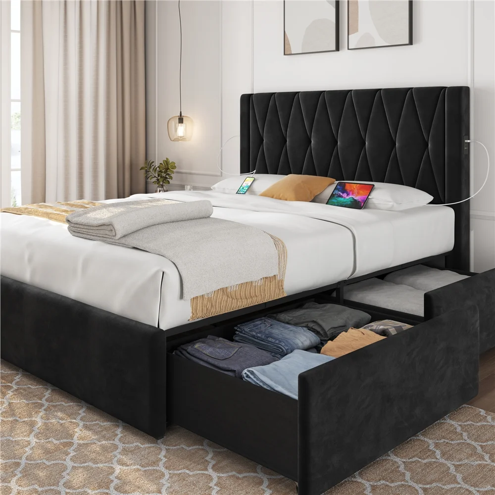 Topeakmart Modern Full Upholstered Bed with 4 Storage Drawers & Built-In USB Ports, Black