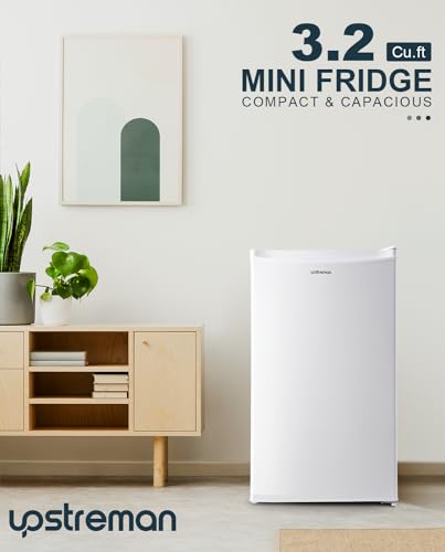 Upstreman 3.2 Cu.Ft Mini Fridge with Freezer, Single Door Mini Fridge, Dorm Fridge, Adjustable Thermostat, Mini Refrigerator for Bedroom, Office