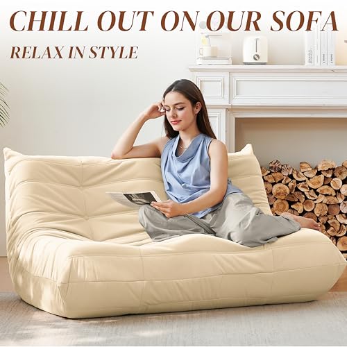 Bean Bag Chair for Adults - Suede & Microfiber Fireside Floor Chair, Comfortable Corner Lounge Sofa for Living Room, Bedroom, Office (3-Seater, Beige)