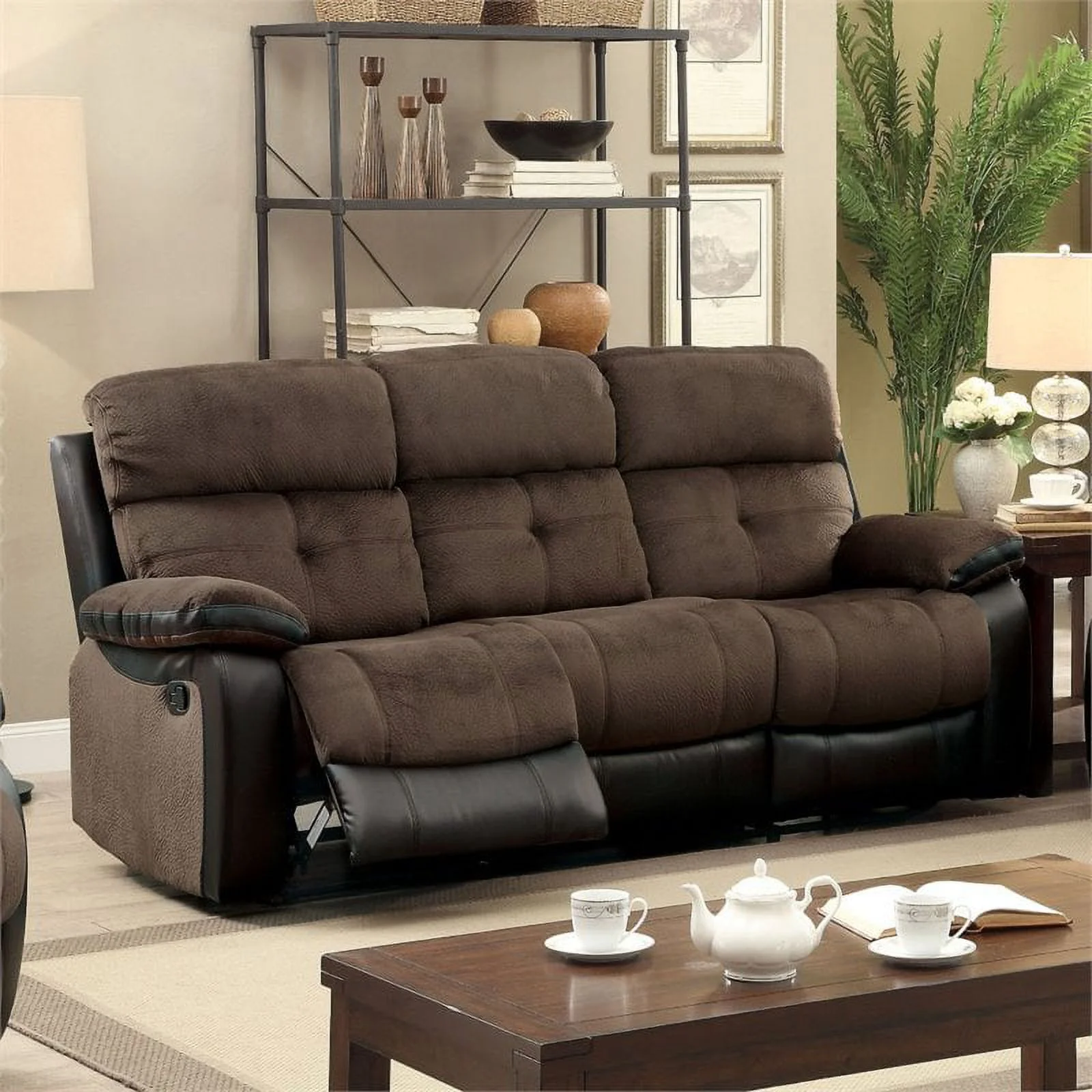 Furniture of America Gwendalyn Faux Leather Reclining Sofa in Brown and Black
