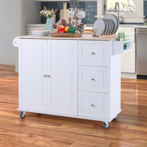 GREEN PARTY Kitchen Island on Wheels, Portable Rolling Kitchen Cart Storage Cabinet with Drop Leaf,Spice Rack, Towel Rack & Drawers-White