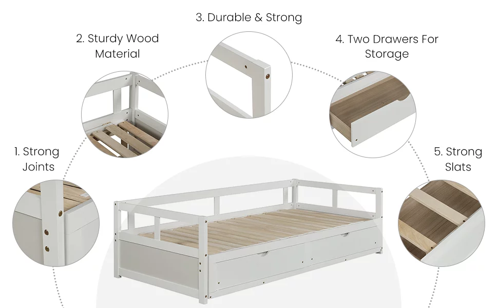 Hanway Twin Daybed with Two Drawers - White Solid Pine Wood Material