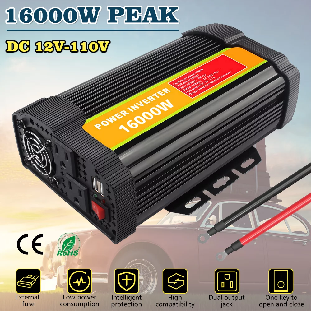 Modified Sine Inverter High Frequency 16000W Peak Power Watt Power Inverter DC to AC Converter Car Power Inverter with 2.1A Dual USB Port