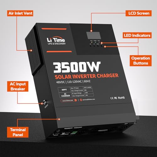 LiTime 3500W Pure Sine Wave Solar Inverter Charger, 48V DC to 120V AC All-in-One Solar Inverter, Built in 80A MPPT Charge Controller