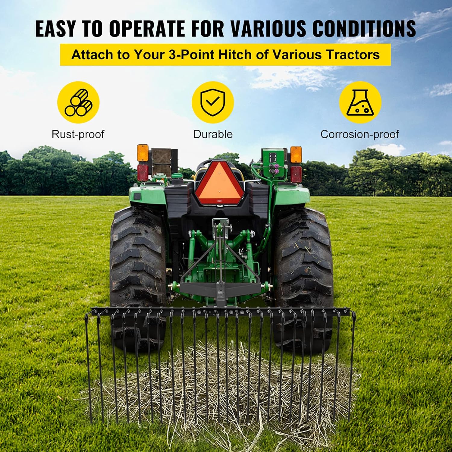 VEVOR Landscape Rake, 60 Inch Wide Tractor Rake, 3-Point Tow Behind Rake with 25.6 Inch Spring Tines, Black Pine Straw Needle Rake Dethatcher