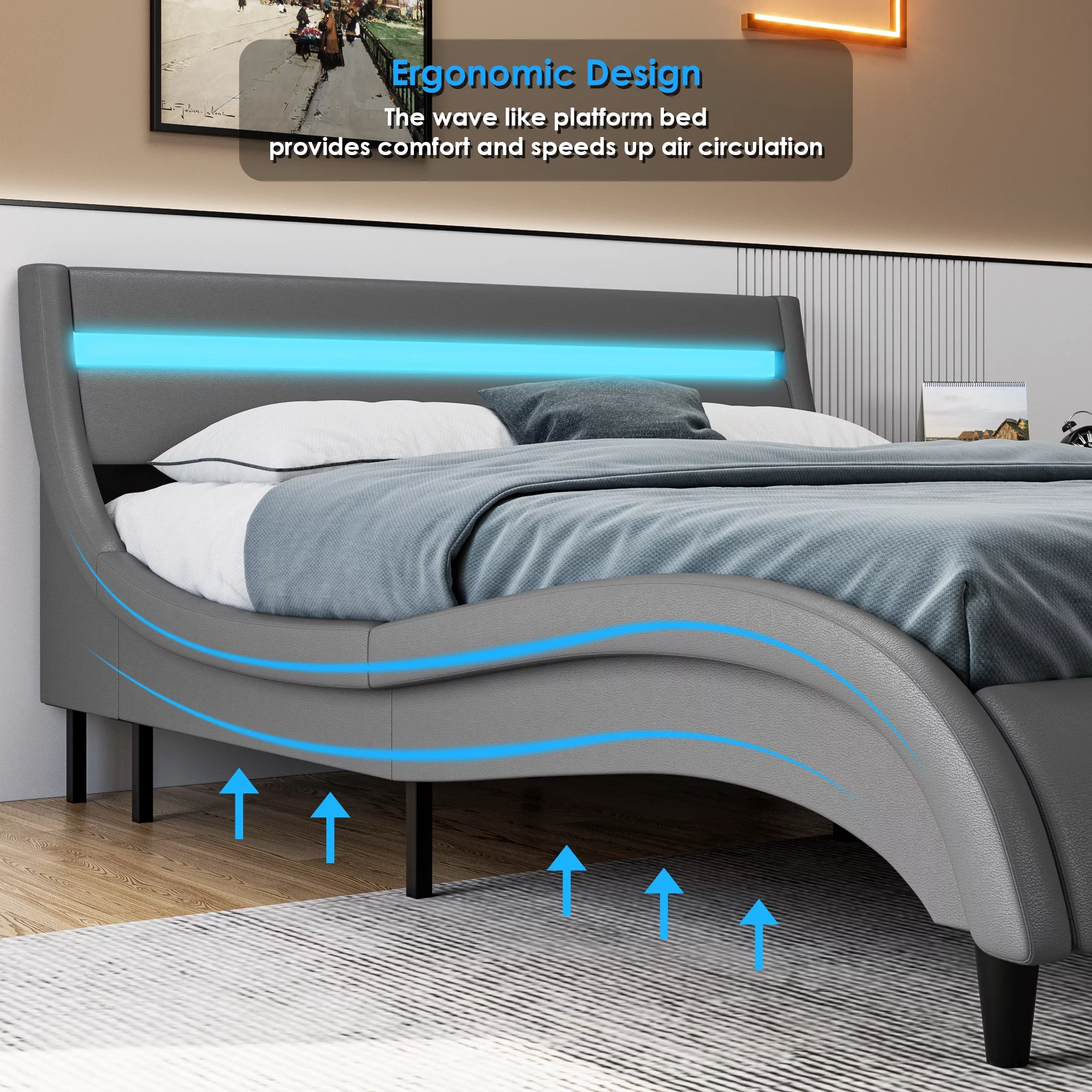 Homfa Queen Size Led Bed Frame, 16-Color Led Lights Platform Bed with Adjustable Upholstered Headboard, Gray