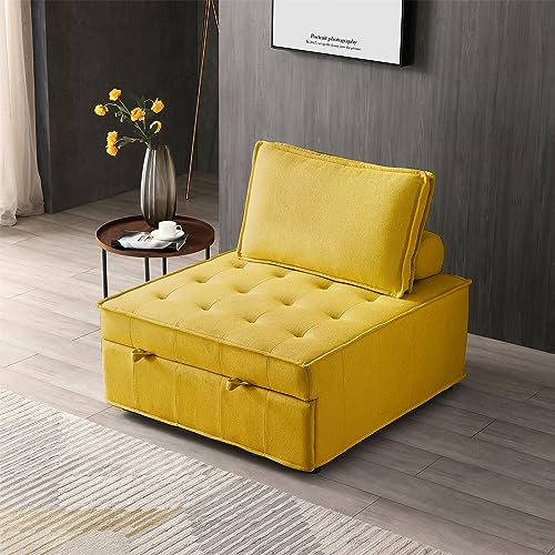 Senviy Convertible Sofa Bed with Pillow and Button Tufted, Pull-Out Sleeper Single Sofabed Leisure Sofa Chair Linen Fabric for Office, Living Room
