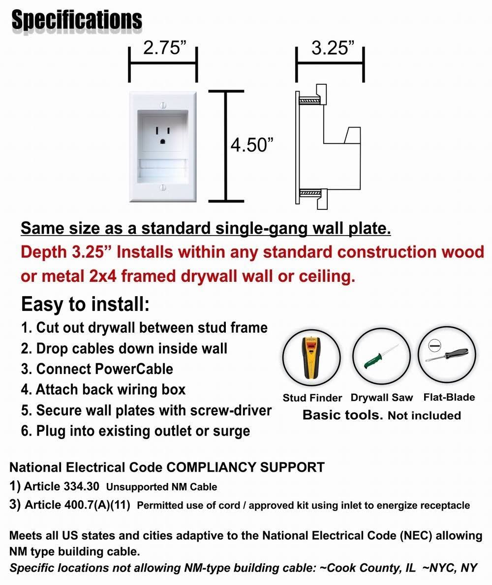 Powerbridge ONE-PRO-6 Single-Outlet Professional Grade Recessed In-Wall Cable Management System for Wall-Mounted
