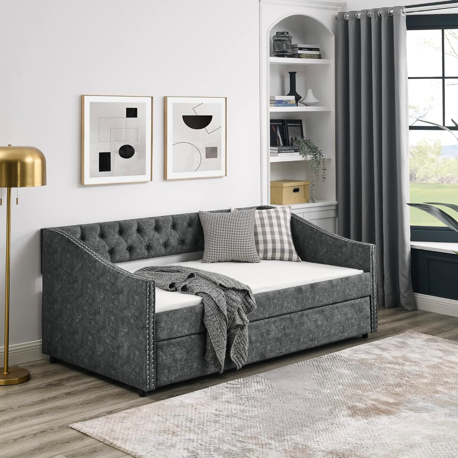 Twin Size Tufted Daybed with Twin-Size Trundle, Upholstered Sofa Bed, Wooden Couch with Button on Back and Copper Nail on Waved Shape Arms