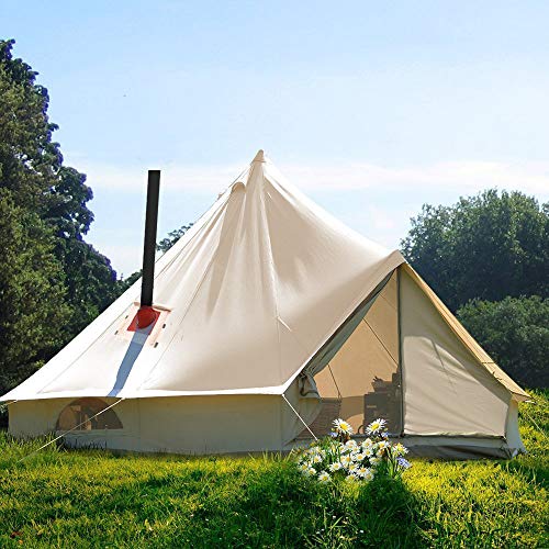 UNISTRENGH 4 Season Large Waterproof Cotton Canvas Bell Tent Beige Glamping Tent with Roof Stove Jack Hole for Camping Hiking Christmas Party