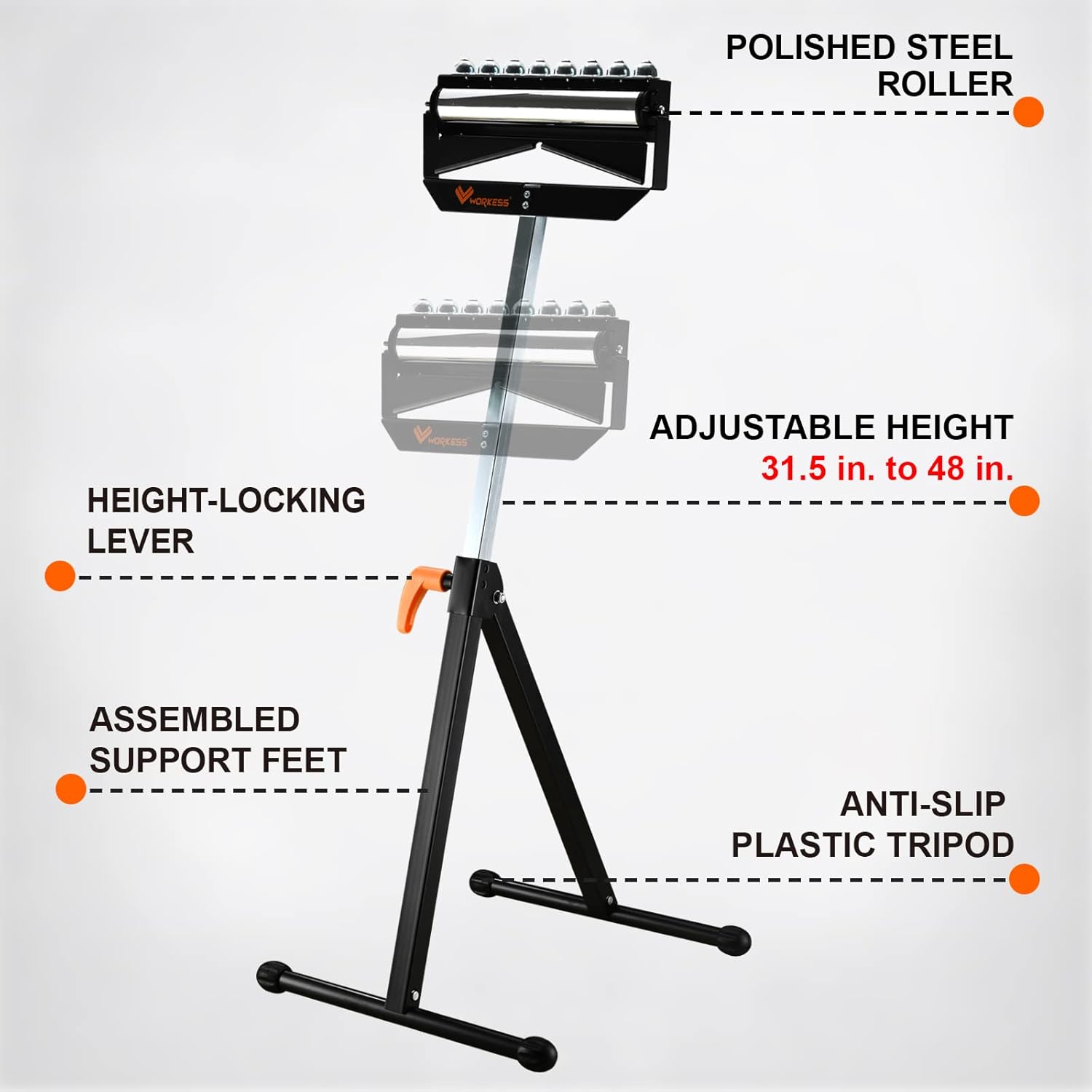 WORKESS Roller Support Stand,WK-RS010 132 Lbs Load Capacity,Adjustable Height (27 - 43) Single Roller Stands for Woodworking Pack of 2